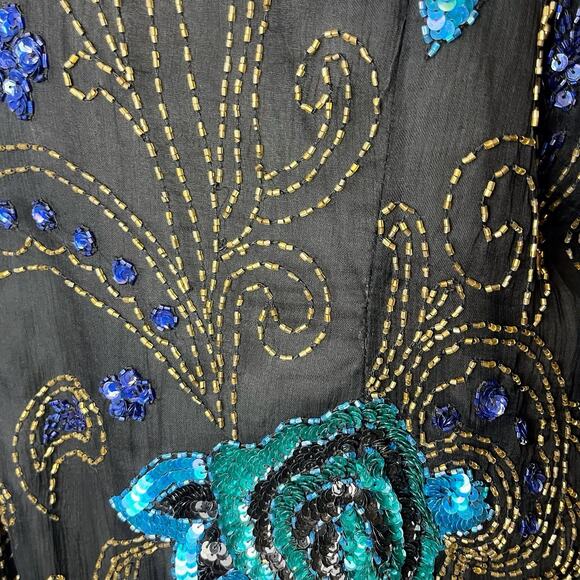 Fantasy by Lisa Kane Vintage XL Silk Beaded Top Black Blue Sequin Floral Beaded - Picture 12 of 16